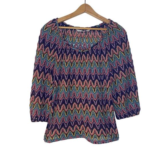 Trina Turk Colorful Chevron Crochet 3/4 Sleeve Semi-Sheet Top Blouse Small - Picture 1 of 12